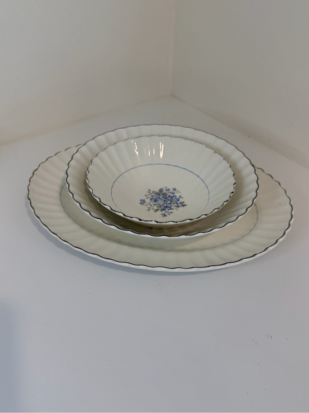 Vintage 3 Pieces Scalloped White Dinnerware Set with Blue Floral Detail